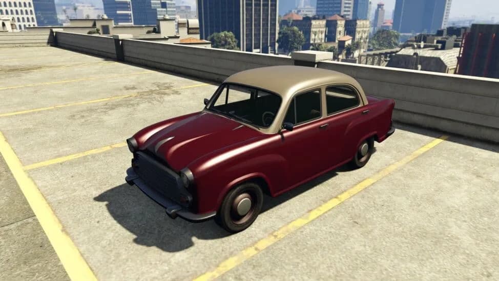 The Weeny Dynasty, a maroon classic saloon with a cream roof, parked on a rooftop car park, in GTA Online.
