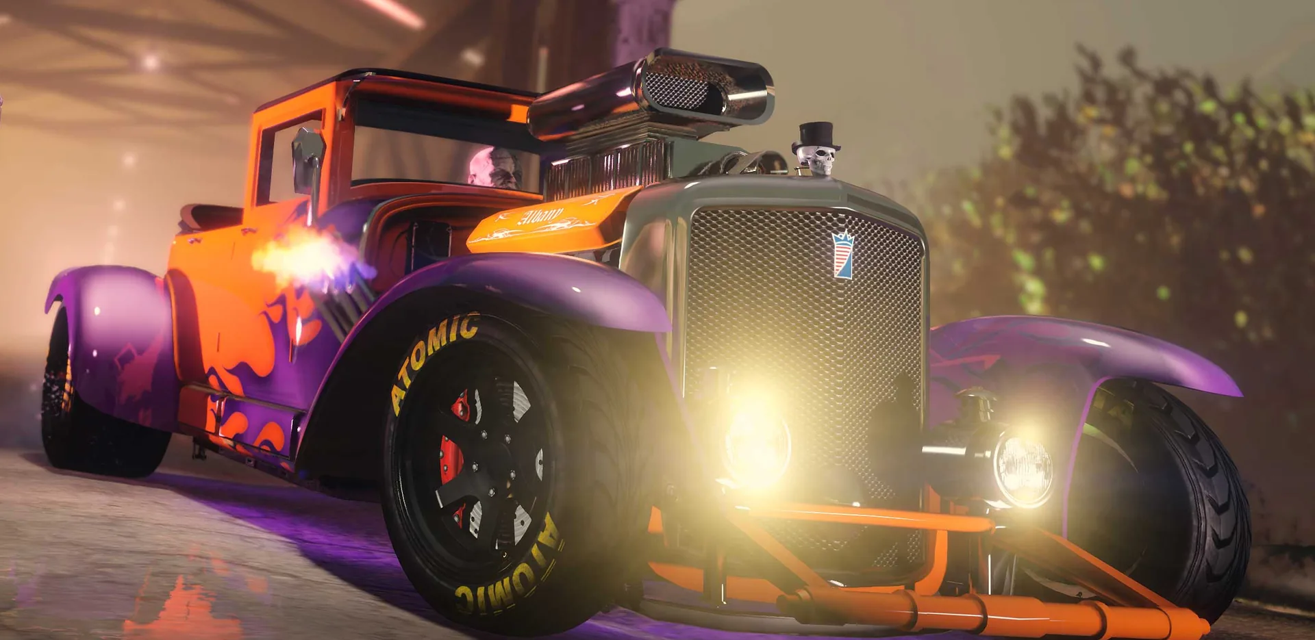 An orange and purple Albany Fränken Stange hot rod with a supercharger, front three-quarter view, in GTA Online.