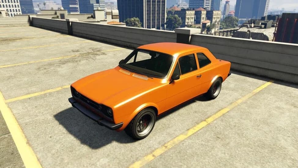 The Vapid Retinue, an orange 1970s two-door saloon, parked on a rooftop car park, in GTA Online.