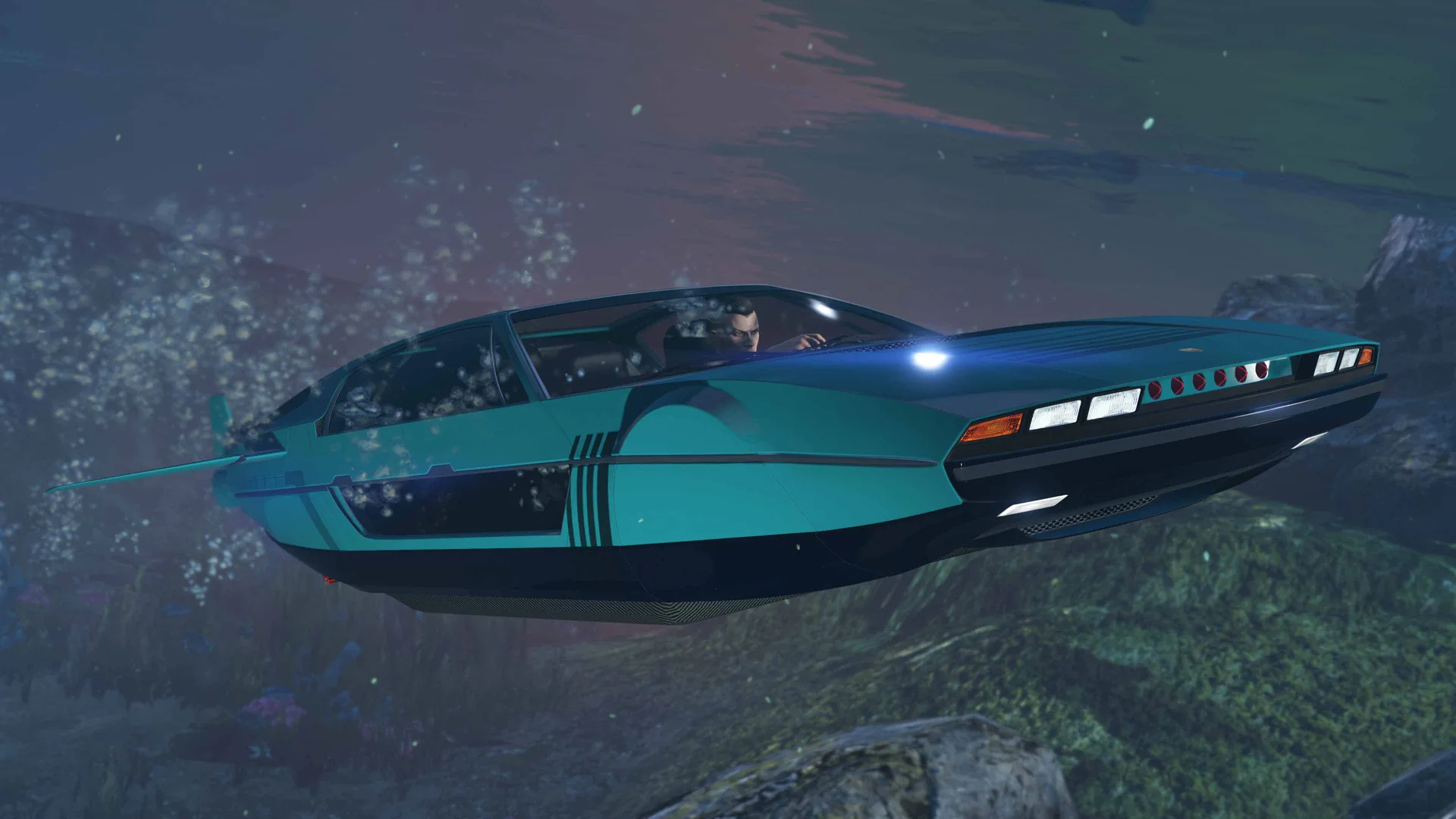 A teal Pegassi Toreador in submarine mode under water, in GTA Online.