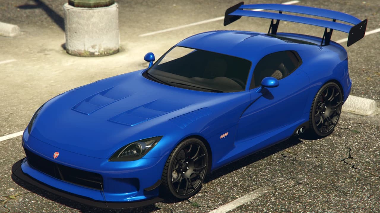 A blue Bravado Banshee GTS with a large rear wing, front three-quarter view.