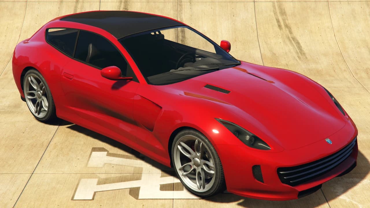 A red Grotti Bestia GTS with a black roof, front three-quarter view.