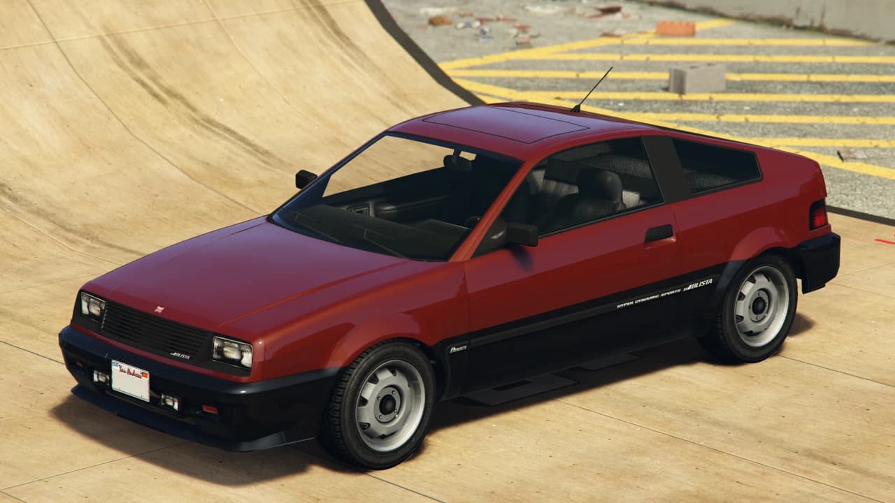A dark red Dinka Blista Compact hatchback, front three-quarter view.