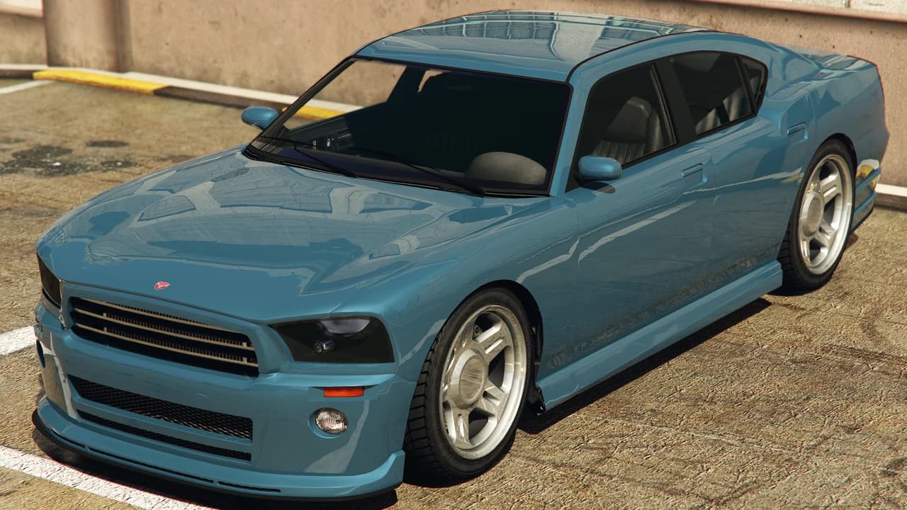 A pale blue Bravado Buffalo, front three-quarter view.