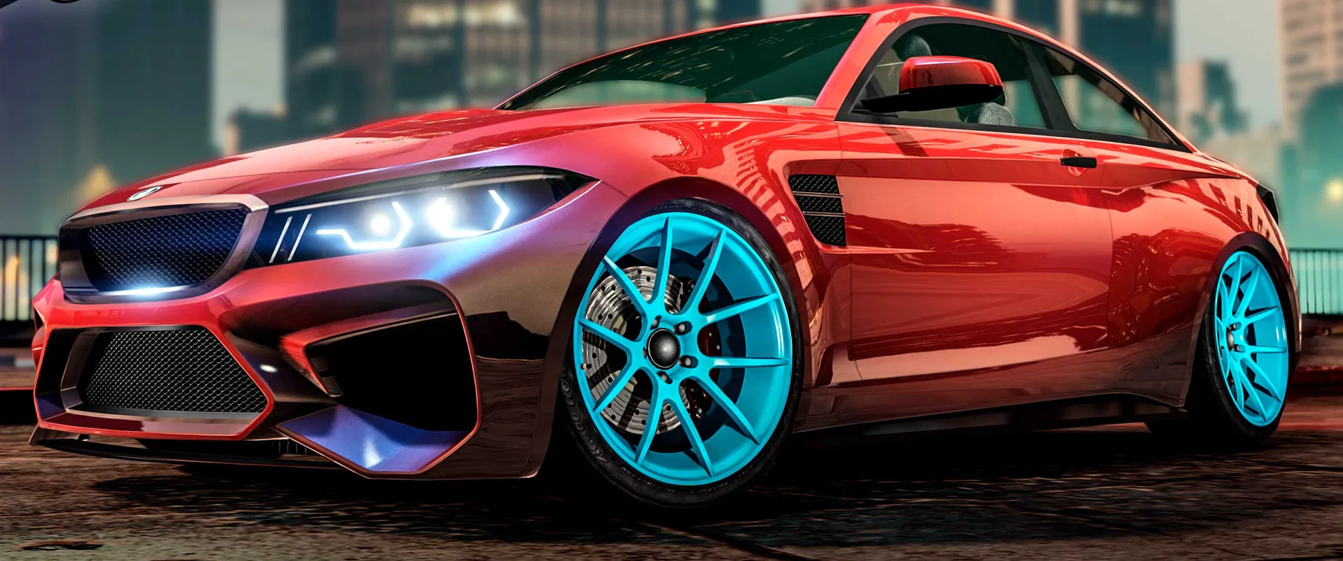 A red Übermacht Cypher coupé with light blue wheels, front three-quarter view, in GTA Online.