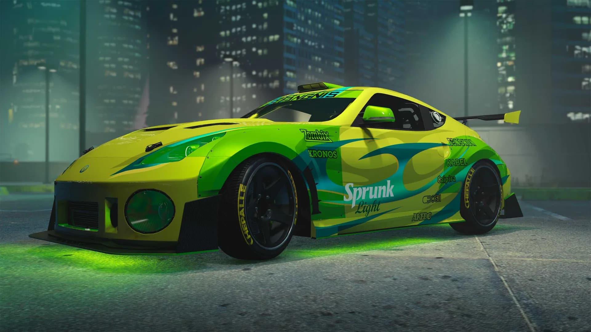 A green and yellow Annis Euros with a Sprunk livery in a car park at night, in GTA Online.