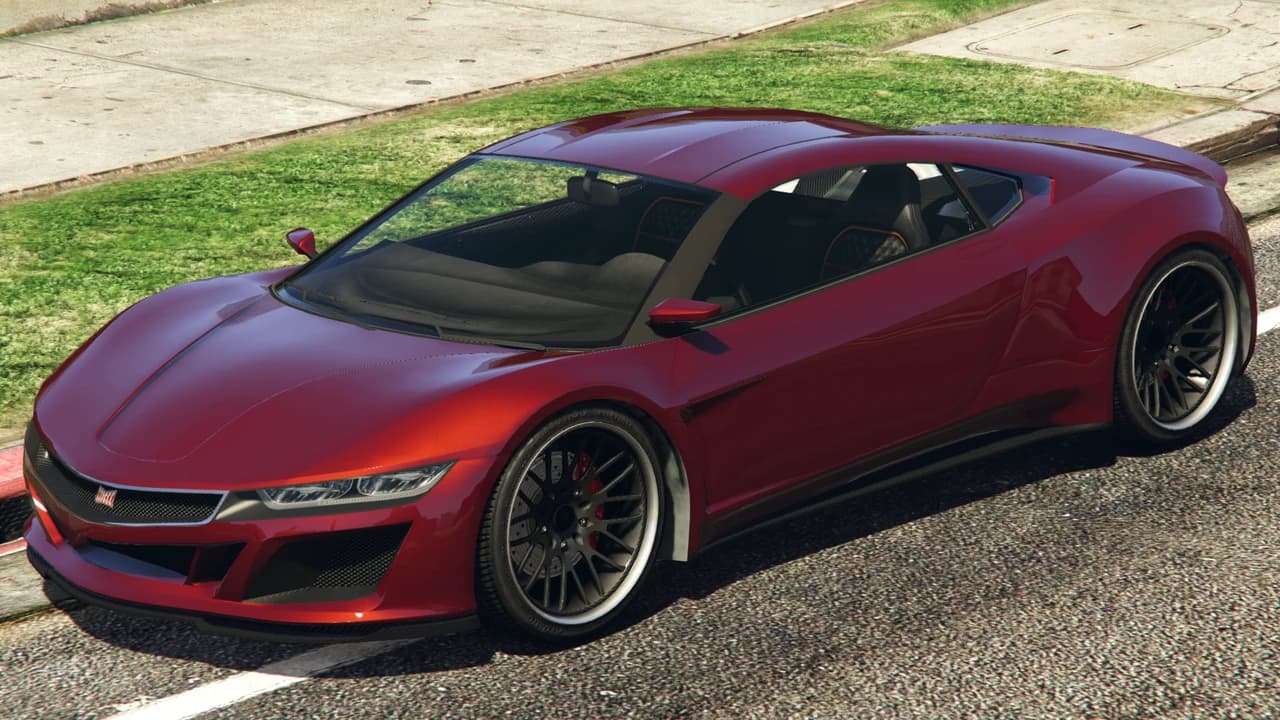 A red Dinka Jester parked at a kerbside.