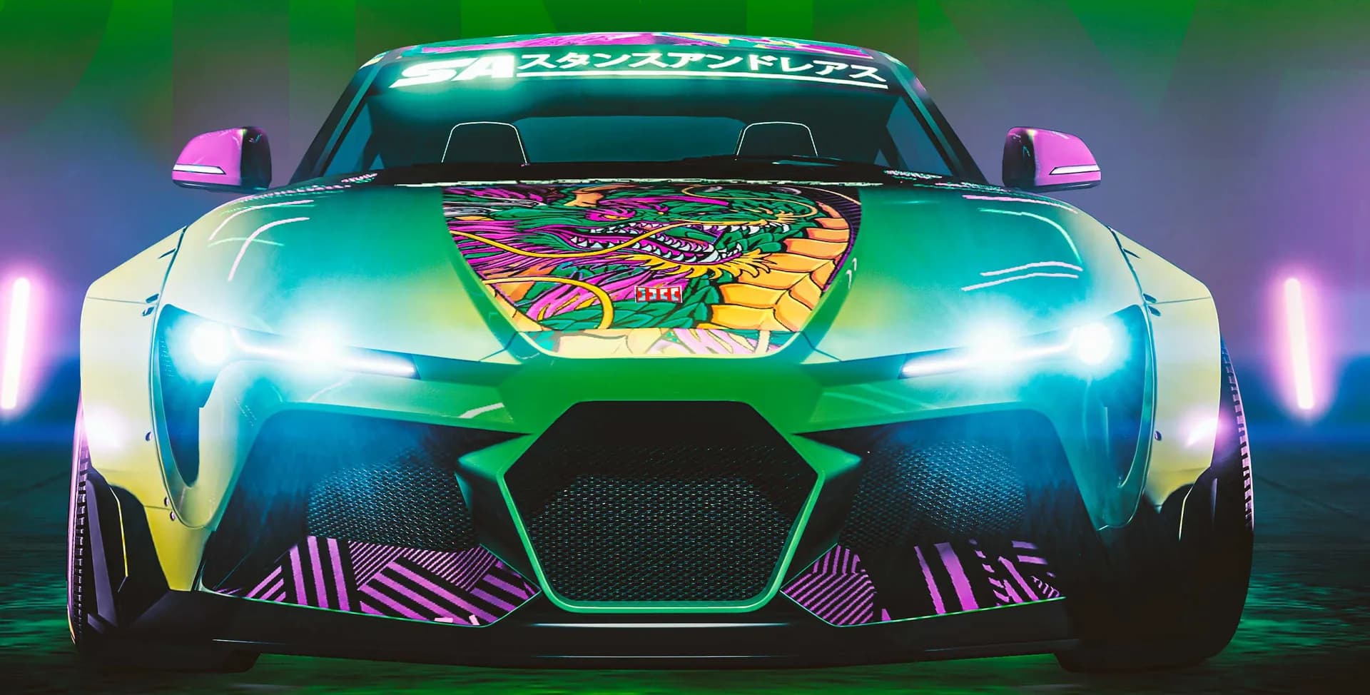 A green Dinka Jester RR Widebody head-on, with a dragon livery on the bonnet, in GTA Online.