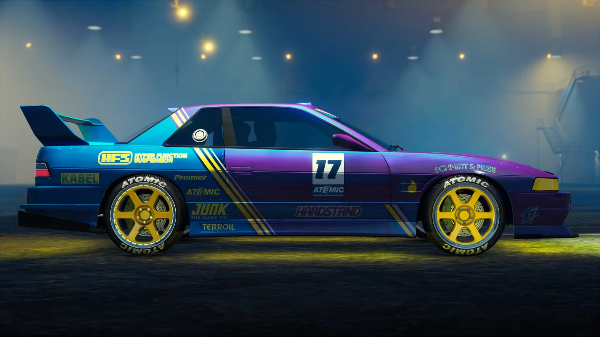 A blue and purple Annis Remus with a race livery and gold wheels, side view, in GTA Online.