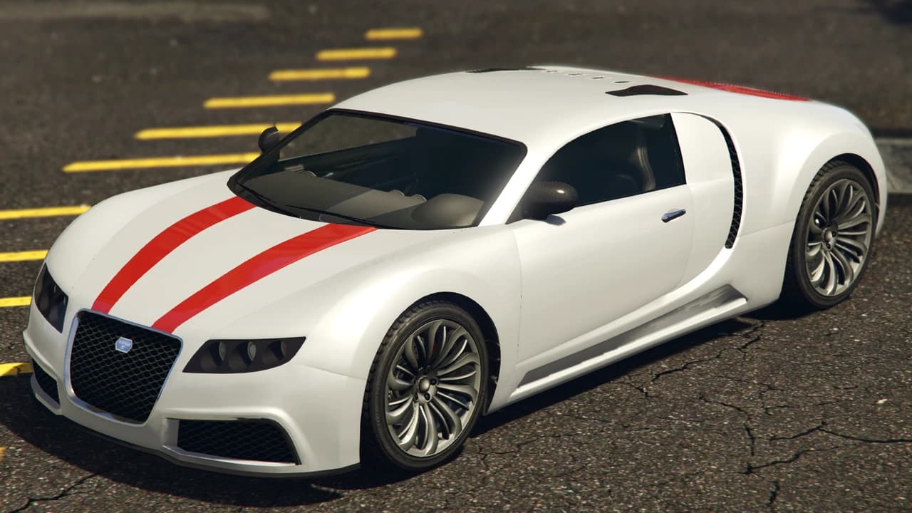 A white Truffade Adder with red stripes over the bonnet and roof.
