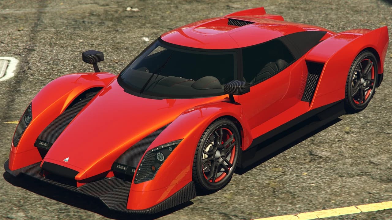 A red Överflöd Autarch, front three-quarter view.
