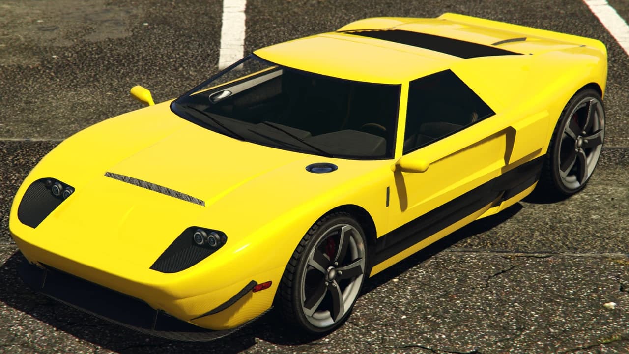 A yellow Vapid Bullet with a black roof stripe, front three-quarter view.