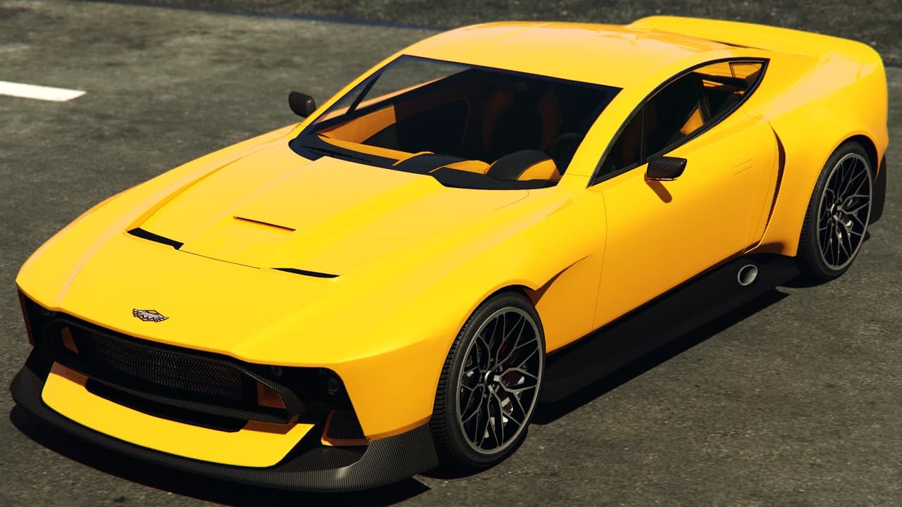A yellow Dewbauchee Champion, front three-quarter view.