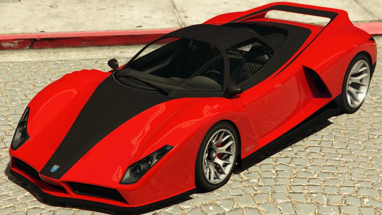 A red Grotti Cheetah with a black carbon bonnet stripe, front three-quarter view.