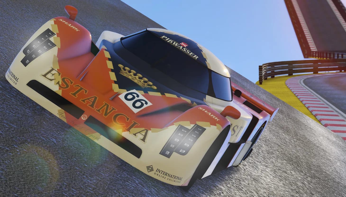 An Annis RE-7B prototype racer with an orange and cream livery on a banked track, in GTA Online.