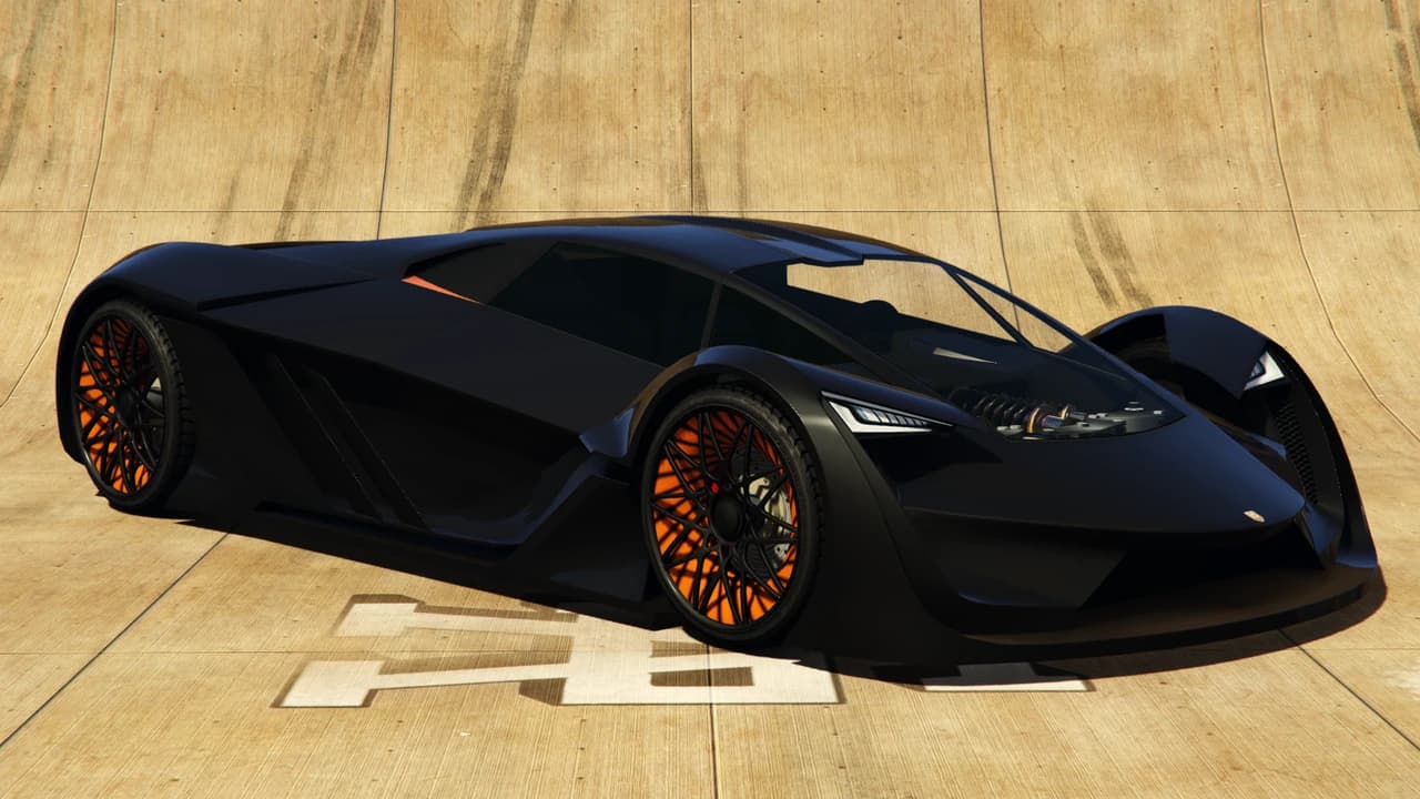 A black Pegassi Tezeract with orange-lit wire wheels, front three-quarter view.