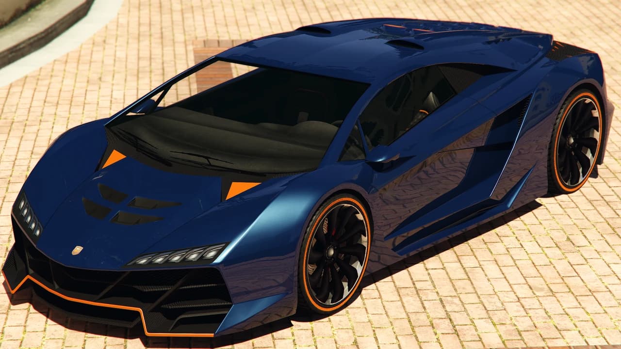 A blue Pegassi Zentorno with orange trim, parked on brick paving.