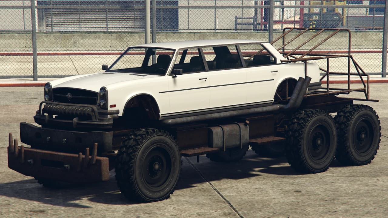 A Benefactor Apocalypse Bruiser, a white sedan body mounted on a rusted six-wheel chassis, front three-quarter view.