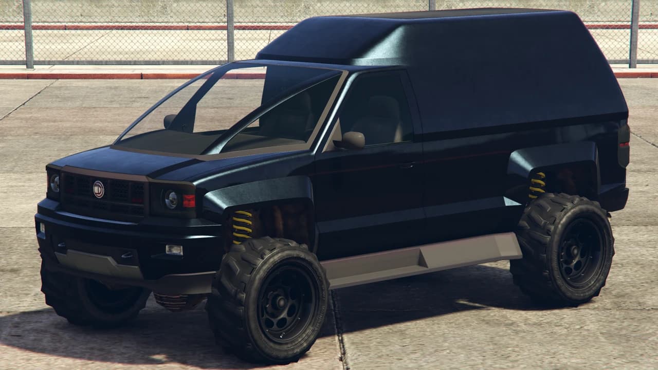 A black Declasse Apocalypse Brutus, a lifted armoured van on off-road tyres, front three-quarter view.