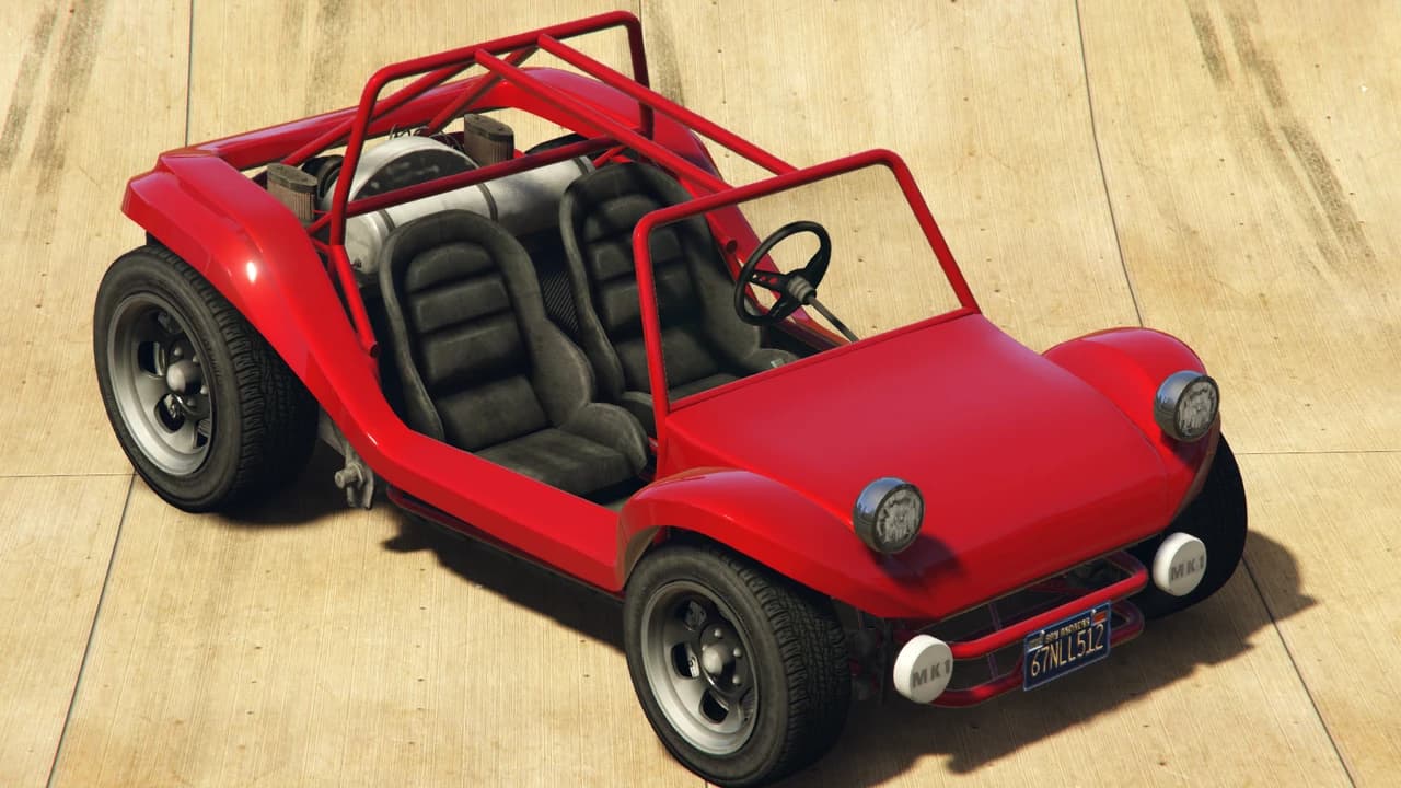 A red BF Bifta dune buggy with an exposed roll cage, front three-quarter view.