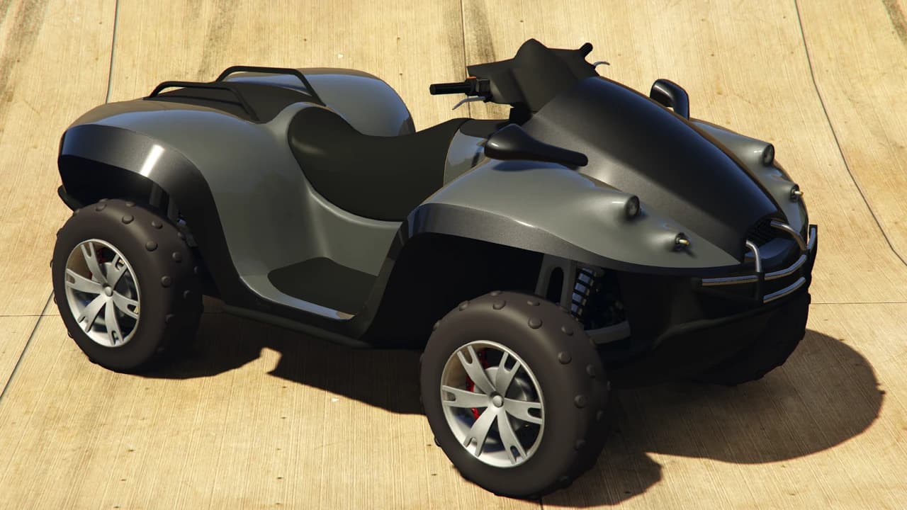 A grey Nagasaki Blazer Aqua, an amphibious quad bike with a hull-shaped body, front three-quarter view.