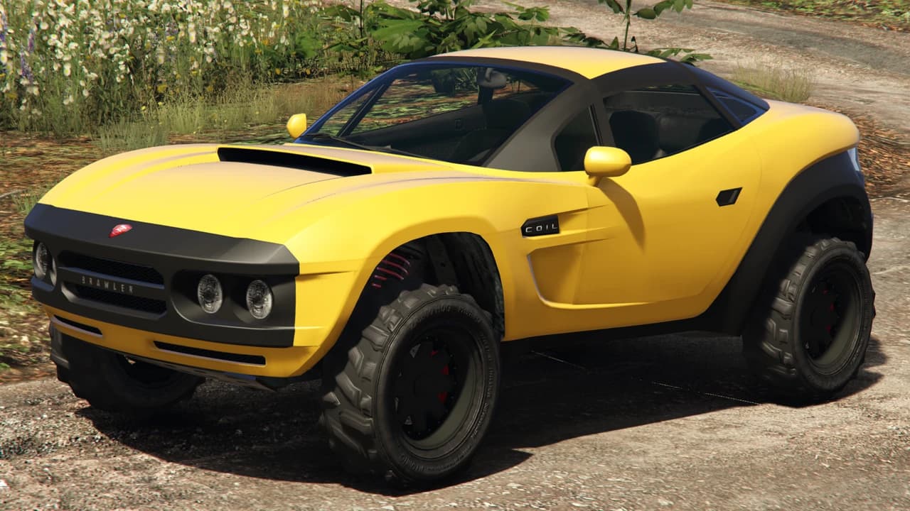 A yellow Coil Brawler off-roader with knobbly tyres, on a dirt track.