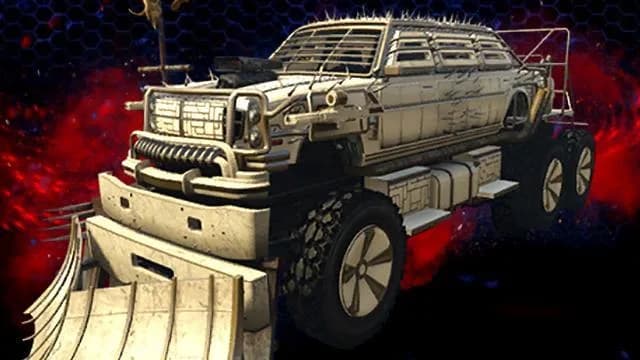The Benefactor Future Shock Bruiser, a white and gold six-wheeled armoured arena truck with a spiked roof cage, against a dark red background, in GTA Online.