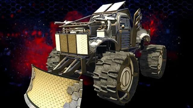 The Bravado Future Shock Sasquatch, a white and gold armoured monster truck with a front plough, against a dark red background, in GTA Online.