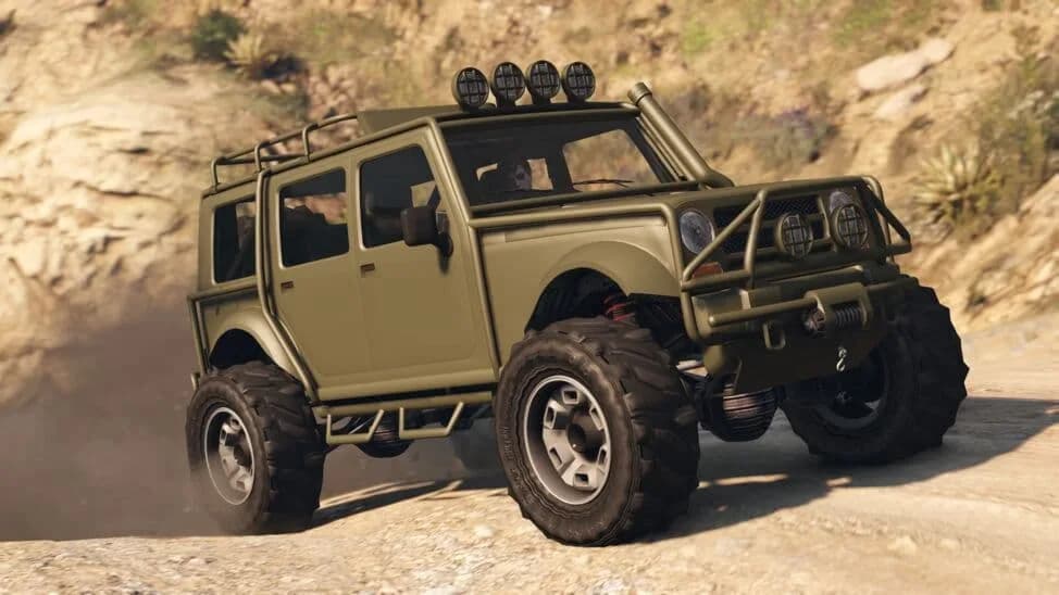 The Canis Mesa (Merryweather), an olive lifted off-roader with a roof light bar and bull bar, on a rocky hillside, in GTA Online.