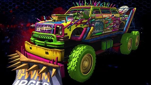 The Benefactor Nightmare Bruiser, a six-wheeled arena truck covered in neon graffiti and spikes, against a dark red background, in GTA Online.