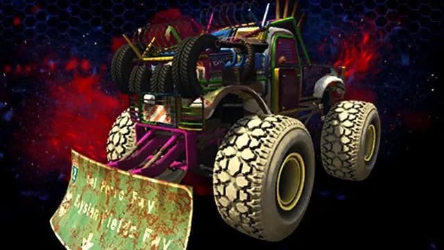 The Bravado Nightmare Sasquatch, a rusted monster truck in graffiti colours with a front plough, against a dark red background, in GTA Online.