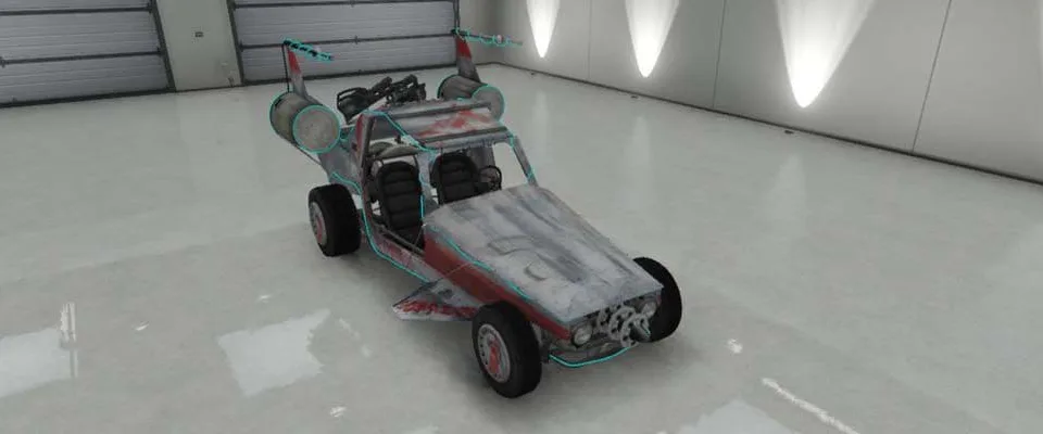 The Space Docker, a silver futuristic dune buggy with fins and exposed frame, in a white garage, in GTA Online.