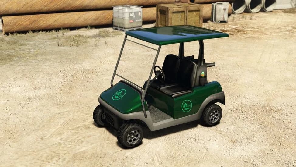 The Caddy, a green golf cart with a canopy roof and club badges, parked on a dirt yard, in GTA Online.