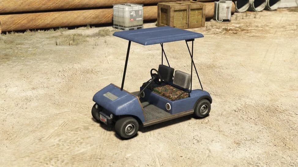 The Caddy (Civilian), a blue golf cart with a canopy roof, parked on a dirt yard, in GTA Online.