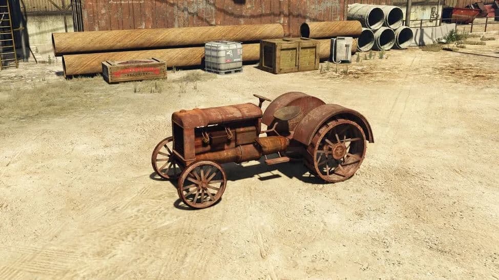 The Tractor, a rusted vintage farm tractor on spoked wheels, parked in a yard, in GTA Online.