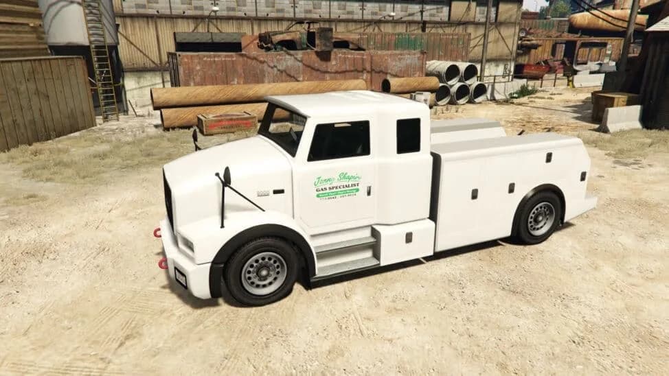 The Utility Truck (Van), a white service truck with an enclosed utility body, parked in a yard, in GTA Online.