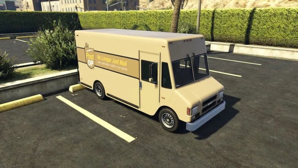 The Brute Boxville (Post OP), a tan delivery step van in parcel-company livery, parked in a car park, in GTA Online.