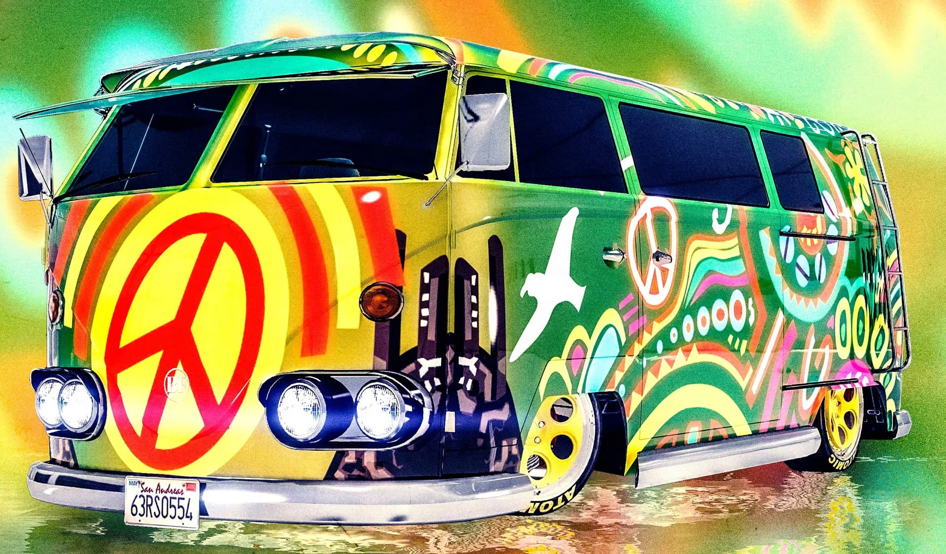 A BF Surfer Custom van with a peace-sign livery, front three-quarter view, in GTA Online.