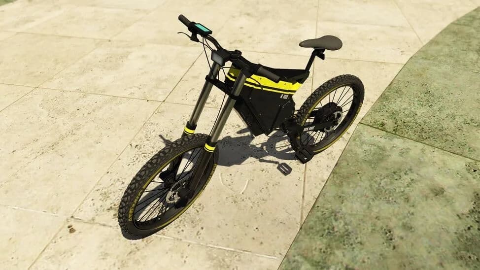 The Inductor, a black and yellow electric mountain bike, parked on a paved path, in GTA Online.