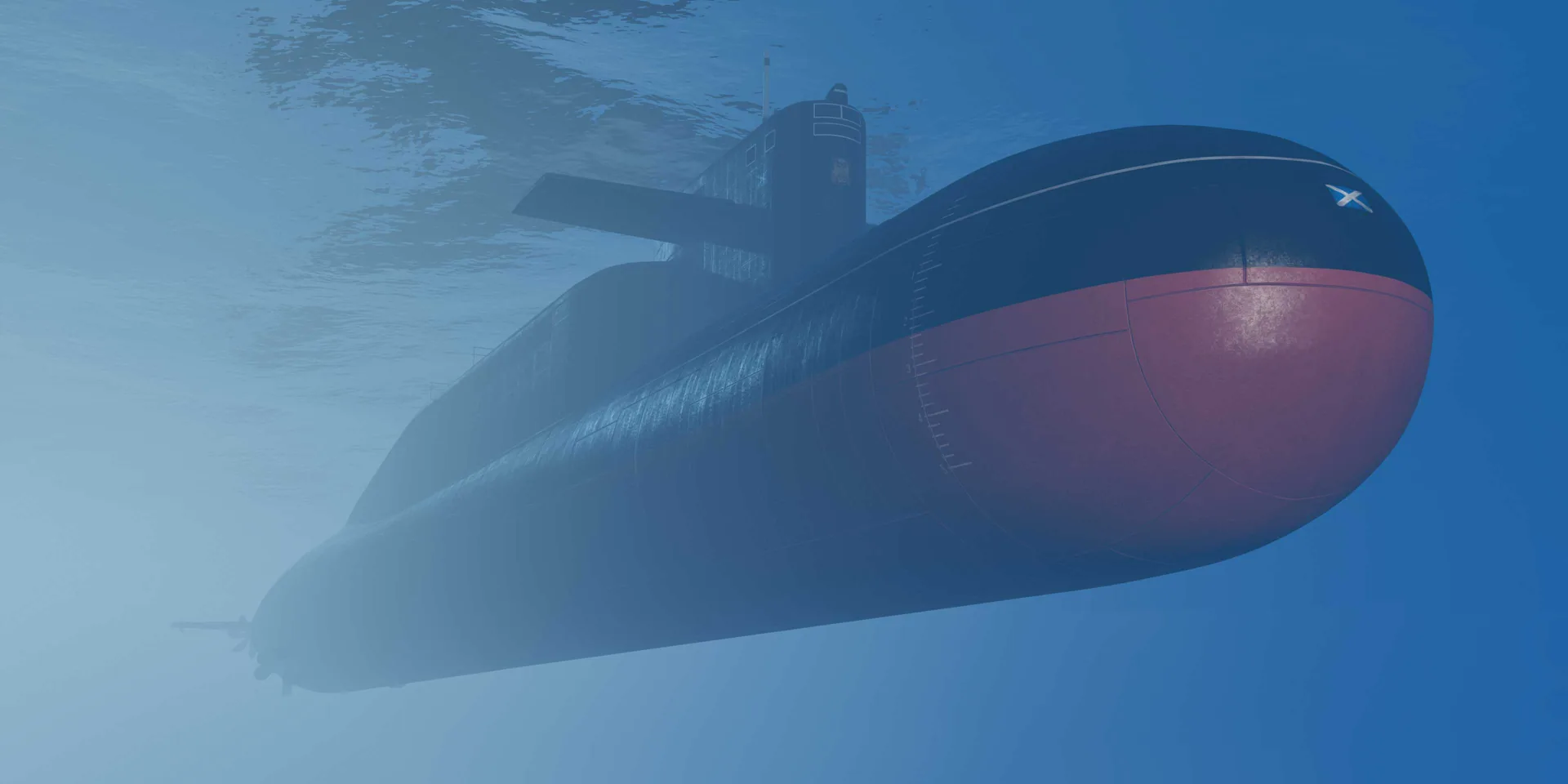 The Kosatka submarine under water, side view, in GTA Online.