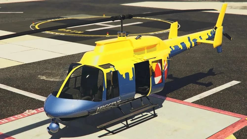 The Higgins Helitours Maverick, a yellow and blue tour helicopter, parked on a helipad, in GTA Online.
