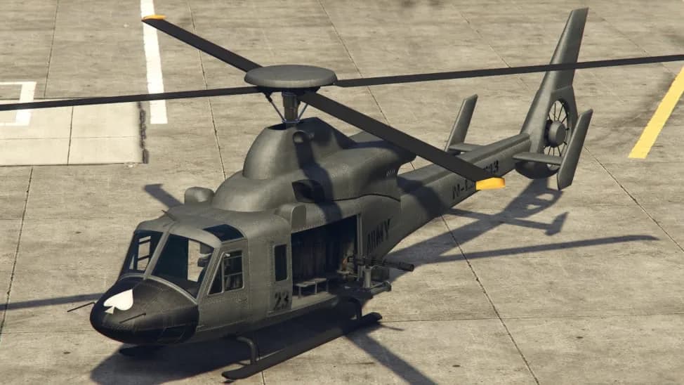 The Valkyrie MOD.0, a grey military utility helicopter with a nose gun, parked on a helipad, in GTA Online.