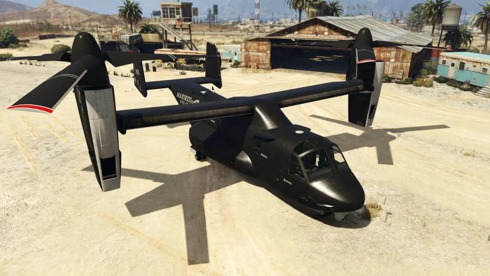 The Mammoth Avenger, a black tilt-rotor aircraft, parked on a desert airfield, in GTA Online.