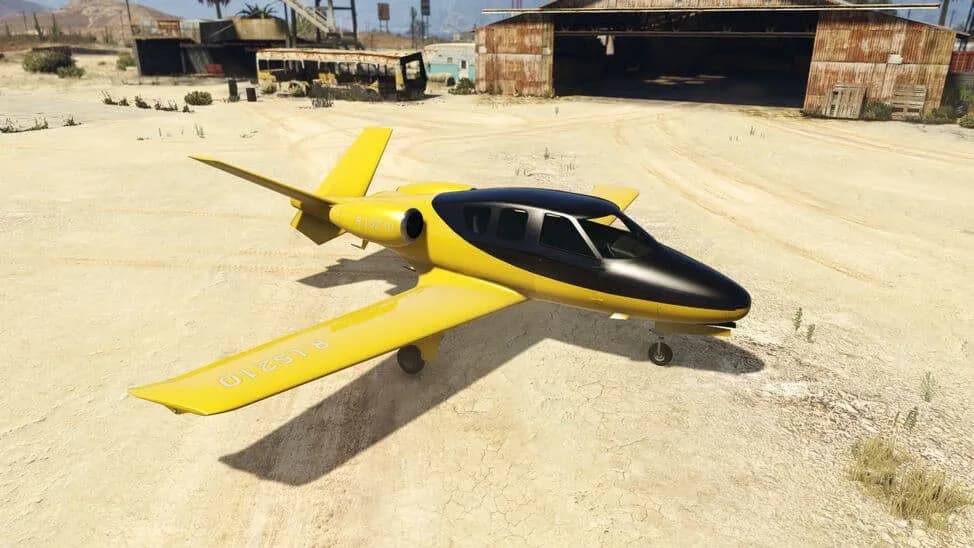 The Buckingham Vestra, a yellow single-engine jet with a black canopy, parked on a desert airfield, in GTA Online.