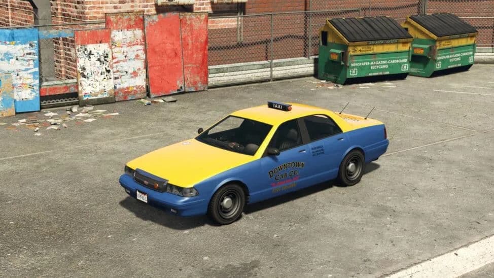 The Taxi, a yellow and blue cab saloon with a roof sign, parked in an alley, in GTA Online.