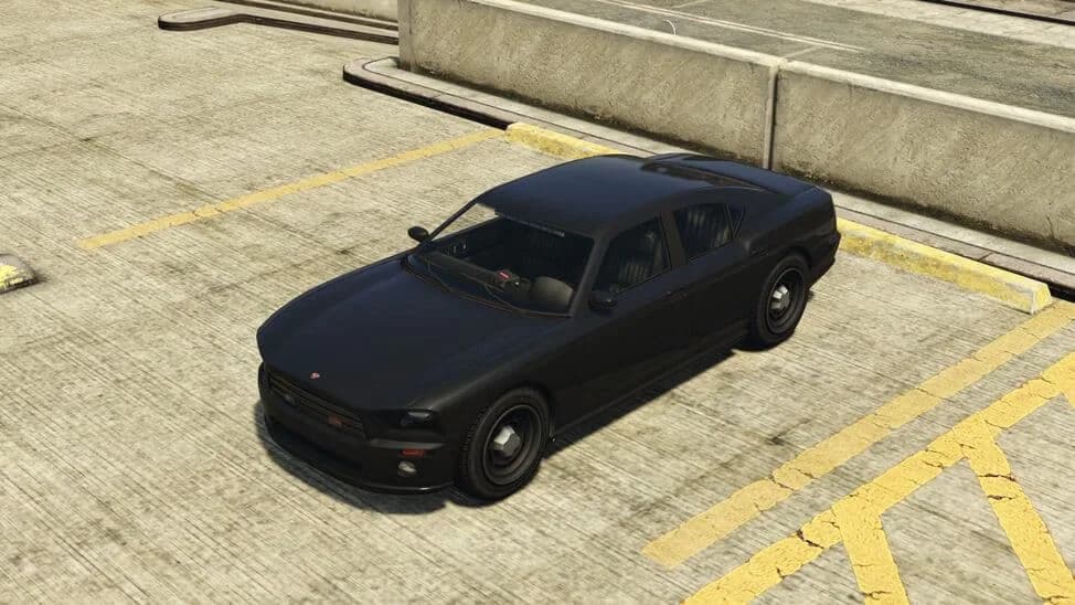 The FIB Buffalo, a black unmarked federal saloon, parked on a rooftop car park, in GTA Online.