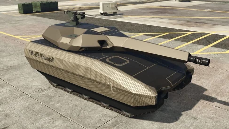 The TM-02 Khanjali, a tan angular main battle tank with a long cannon, parked on an airfield apron, in GTA Online.