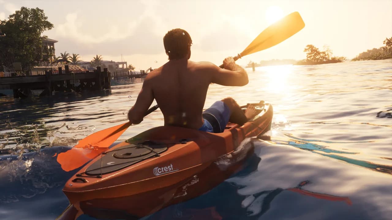 Jason, seen from behind, paddling an orange Crest kayak across calm water at sunset, a jetty and waterfront houses to the left, in GTA VI.