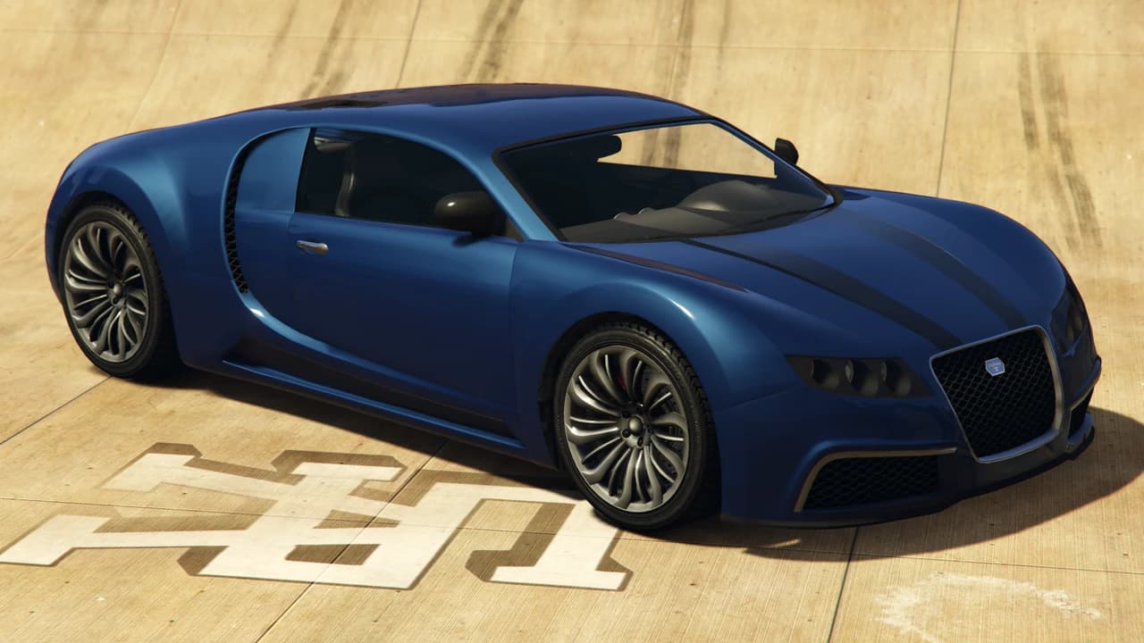 A blue Truffade Adder, front three-quarter view on a studio floor.