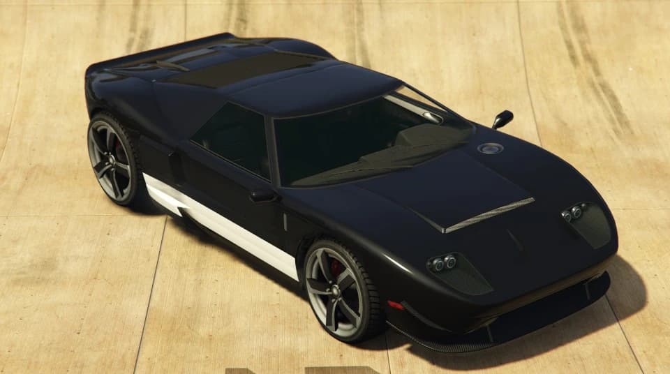 A black Vapid Bullet with a white side stripe, front three-quarter view.